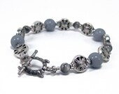 Gray Agate and Dolomite Marble Gemstone Bracelet w Silver Accents, Grey Stone Bracelet, Earthy Stone Jewelry, Turtle Totem Jewelry