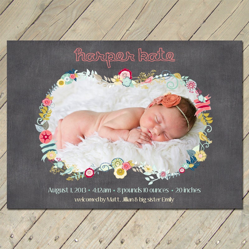 Custom Photo Birth Announcement - Floral Frame