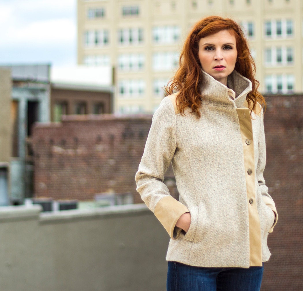 Two tone wool Jacket - Stone herringbone and bone suede contrast