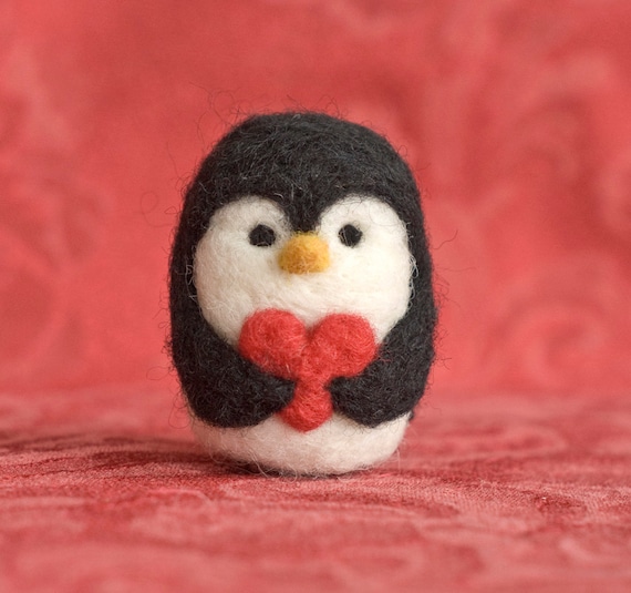 Needle Felted Penguin - Valentine Heart