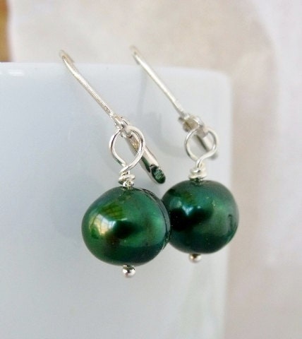 Emerald Green Freshwater Pearl Earrings In Sterling Silver