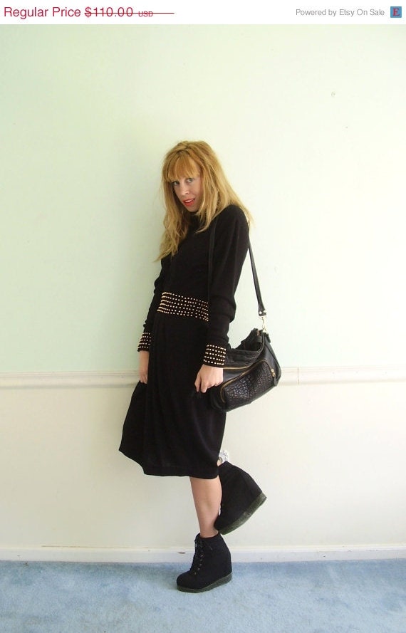 25% OFF . . . Black Knit Gold Studded LS Secretary Sweater Dress - Vintage 80s 90s - Small S Medium M