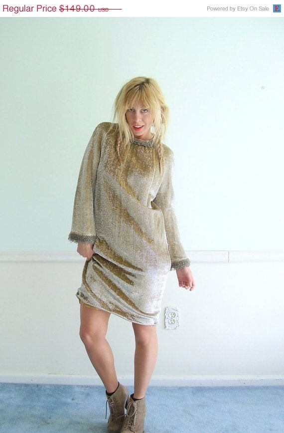 25% OFF . . . Gold Lurex Tinsel Cocktail Dress Vintage 60s Long Sleeve Beaded Lux SMALL MEDIUM S M