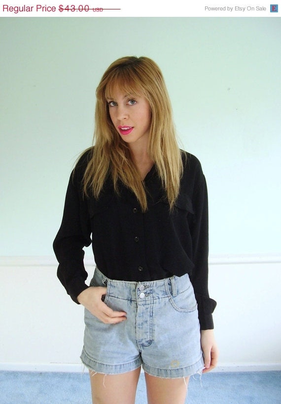 25% OFF . . . Vintage 90s Slouchy LS Black Utility Pocket Button Down Blouse Shirt - Small S Medium M