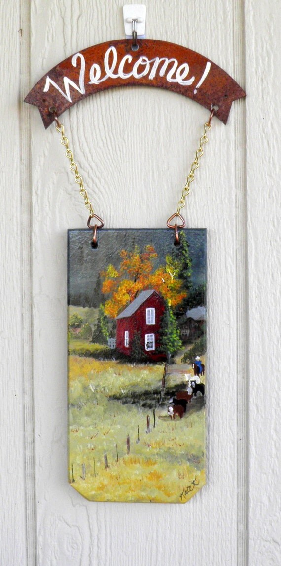 Welcome Sign of Cabin in the Woods, with Cattle and Horseman