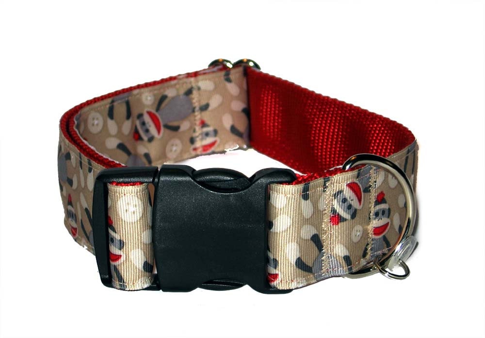 Sock Monkey WIde Large Dog Collar / Big Dog Collar 1.5"
