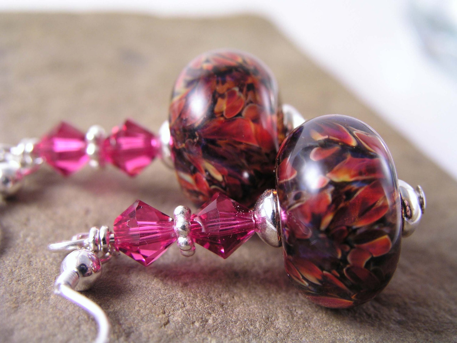 Fuchsia Pink Lampwork Earrings, Glass Lampwork Earrings, Beaded Earrings, Gift
