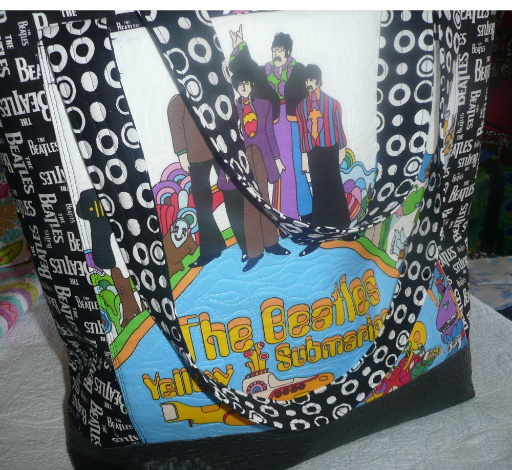 Beatles YaY Large tote good for Diaper Bag, Gym Bag, Travel Bag.  Faux leather, quilted front pocket Handmade OOAK