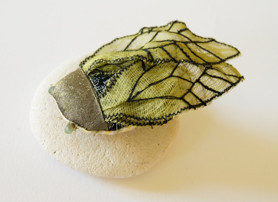 Soft Sculpture Insect Cicada Brooch Black and gold Kimono Silk Fabric