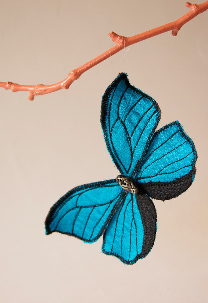 Soft Sculpture Blue Morpho Butterfly Dupioni Silk Brooch Open Wings