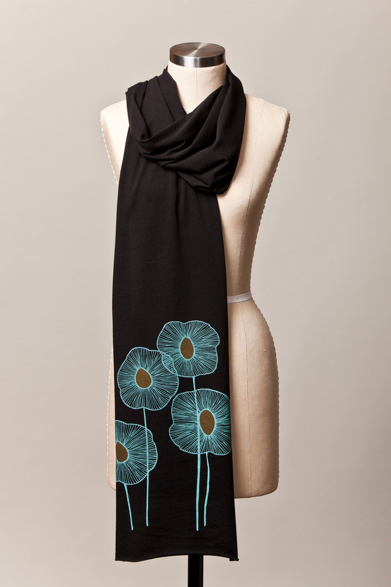 jersey scarf - long scarf - black scarf - turquoise flowers - silkscreen - screenprint - FREE SHIPPING - flytrap