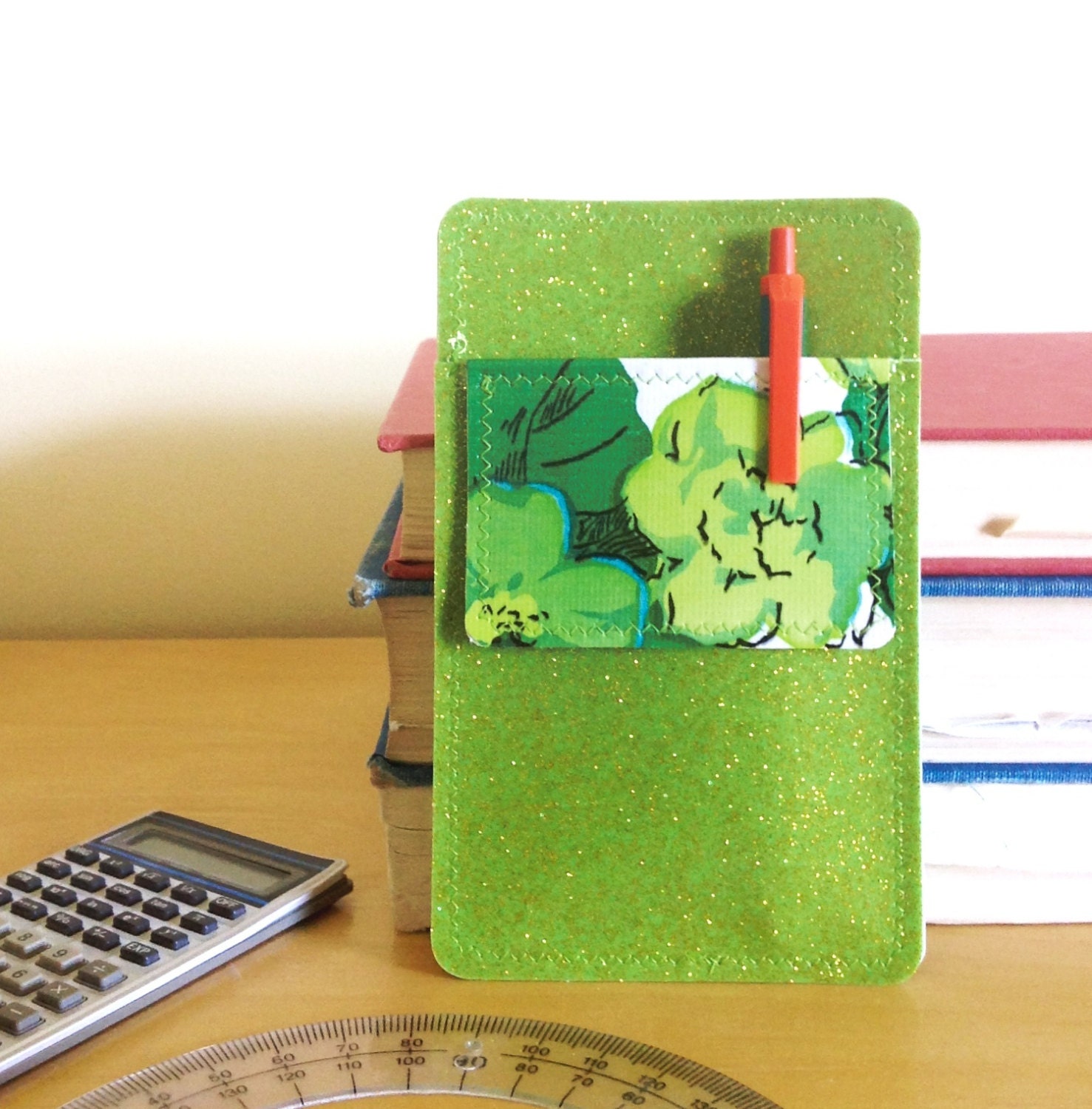 Nerd Power Vinyl Pocket Protector in lime green sparkle vinyl /  green "garden party" floral oilcloth