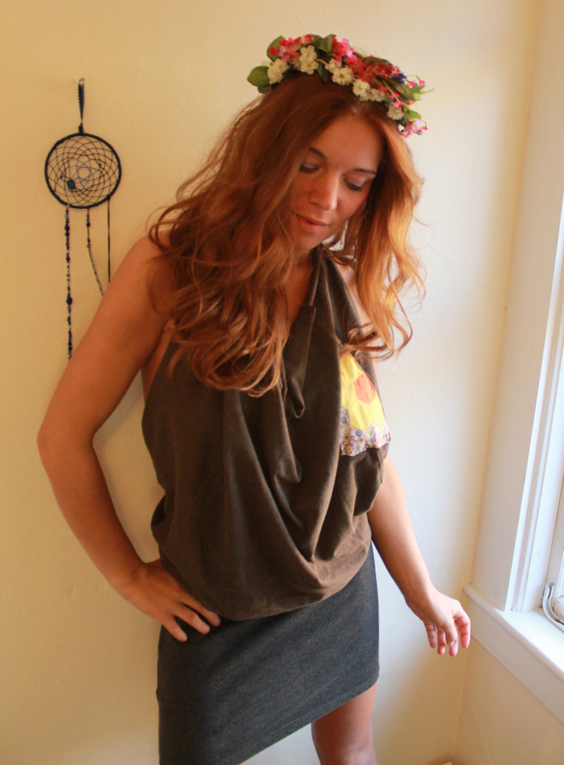 Earthy Bohemian Brown Gray Patchwork Upcycled Tshirt Cowl Neck Backless Halter Tank Top Mini Dress Tunic with Native Back Strap Size Large