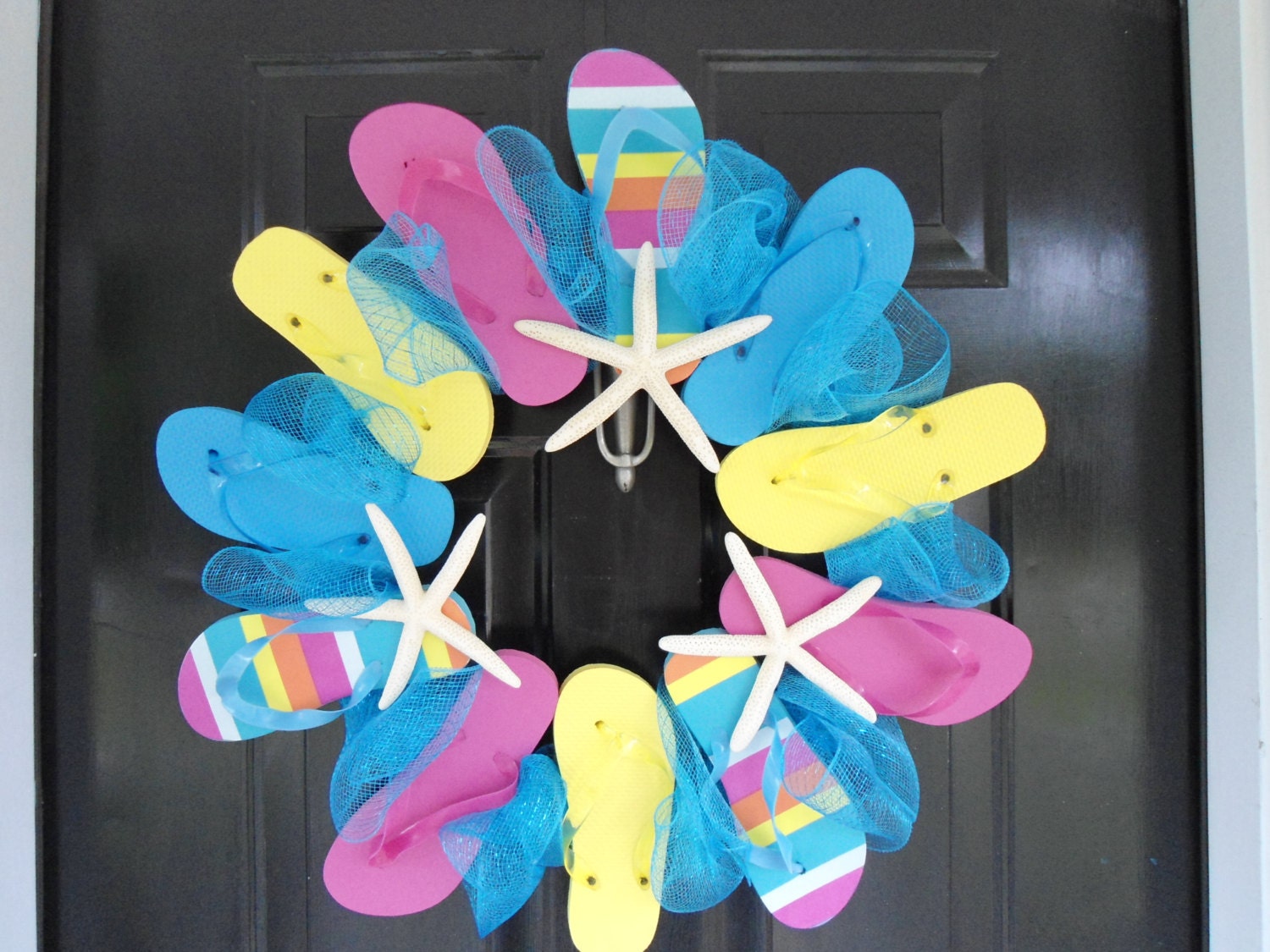 flip flop wreath starfish ready to ship aqua blue beach lovers beach house nautical beach house decor