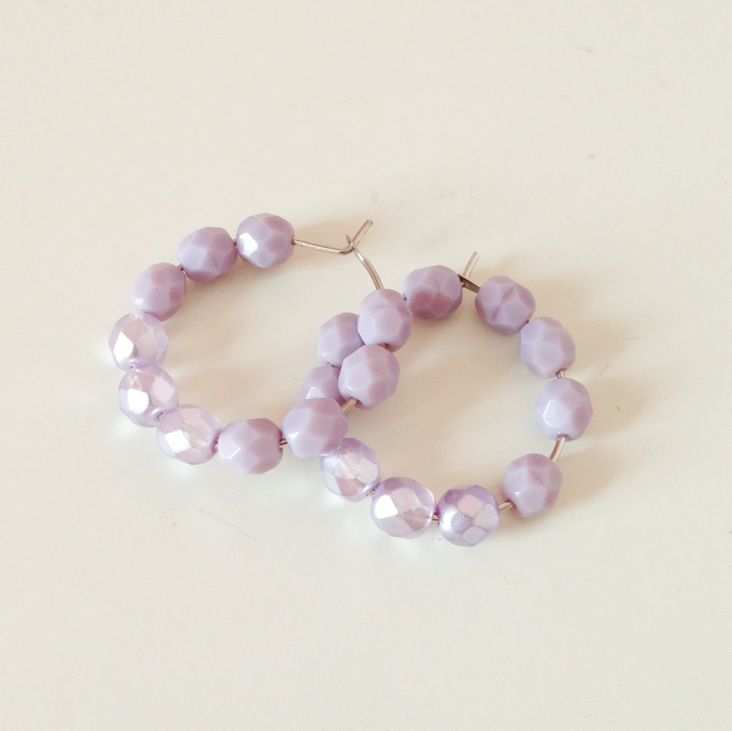 Earrings, hoop, lavender, beaded, pastel, spring