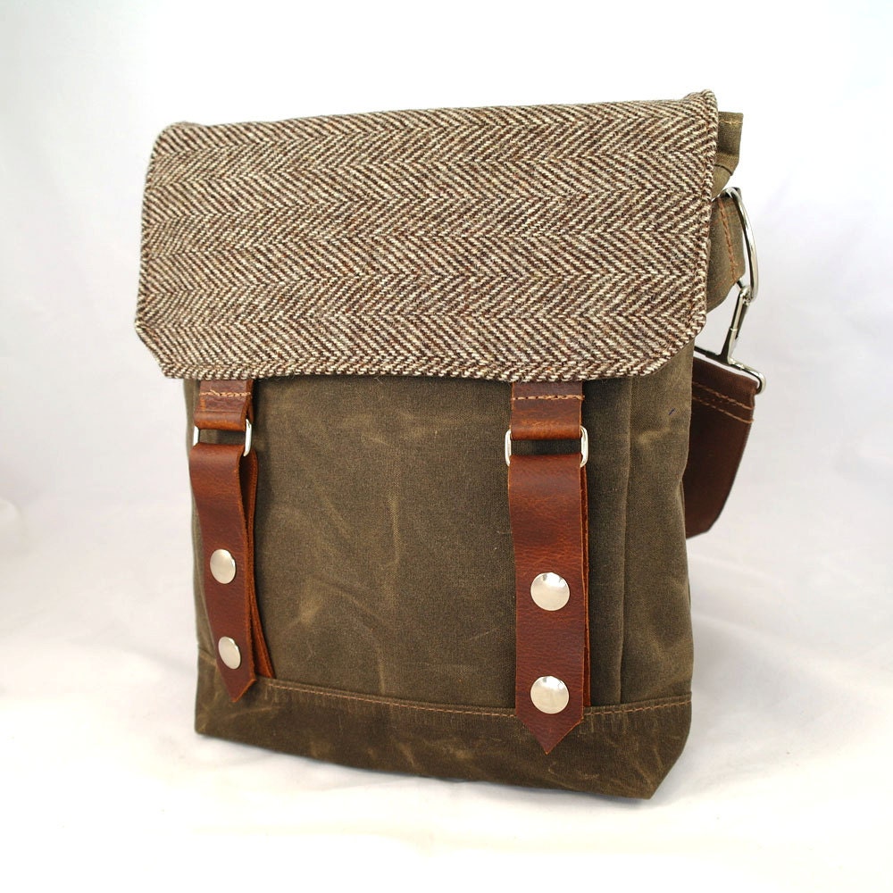 Chocolate Herringbone Waxed Canvas Wooly Satchel