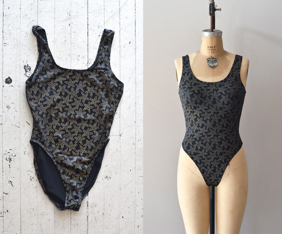 vintage black swimsuit / black and gold bathing suit / Star Point maillot