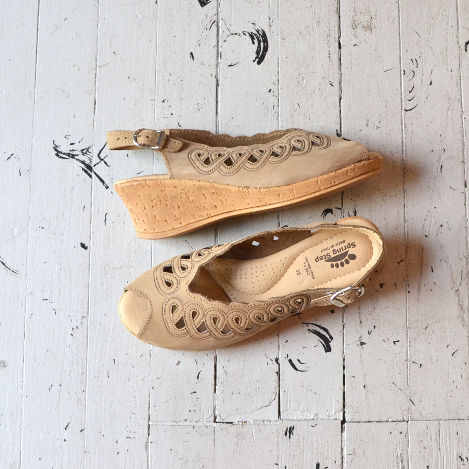 1970s shoes / open toe / cutout cork heel shoes / Rizarse wedges