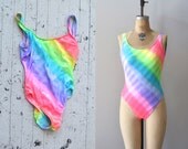 vintage 1980s swimsuit / one piece bathing suit / Rainbow Stripe maillot