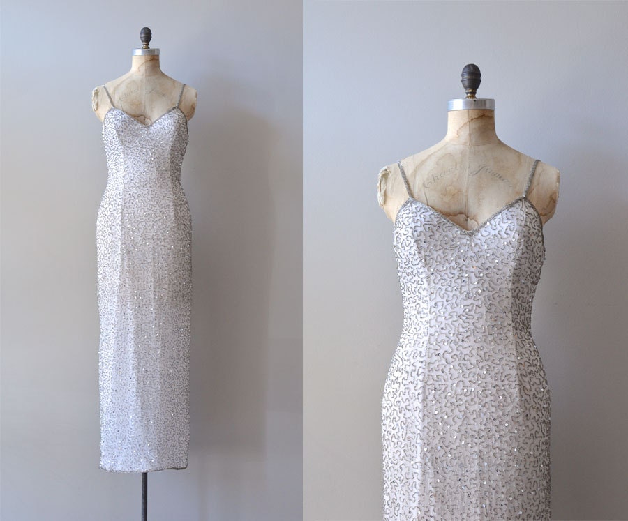 vintage sequin dress / long beaded maxi dress / Soutache Silk dress
