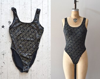 vintage black swimsuit / black and gold bathing suit / Star Point maillot