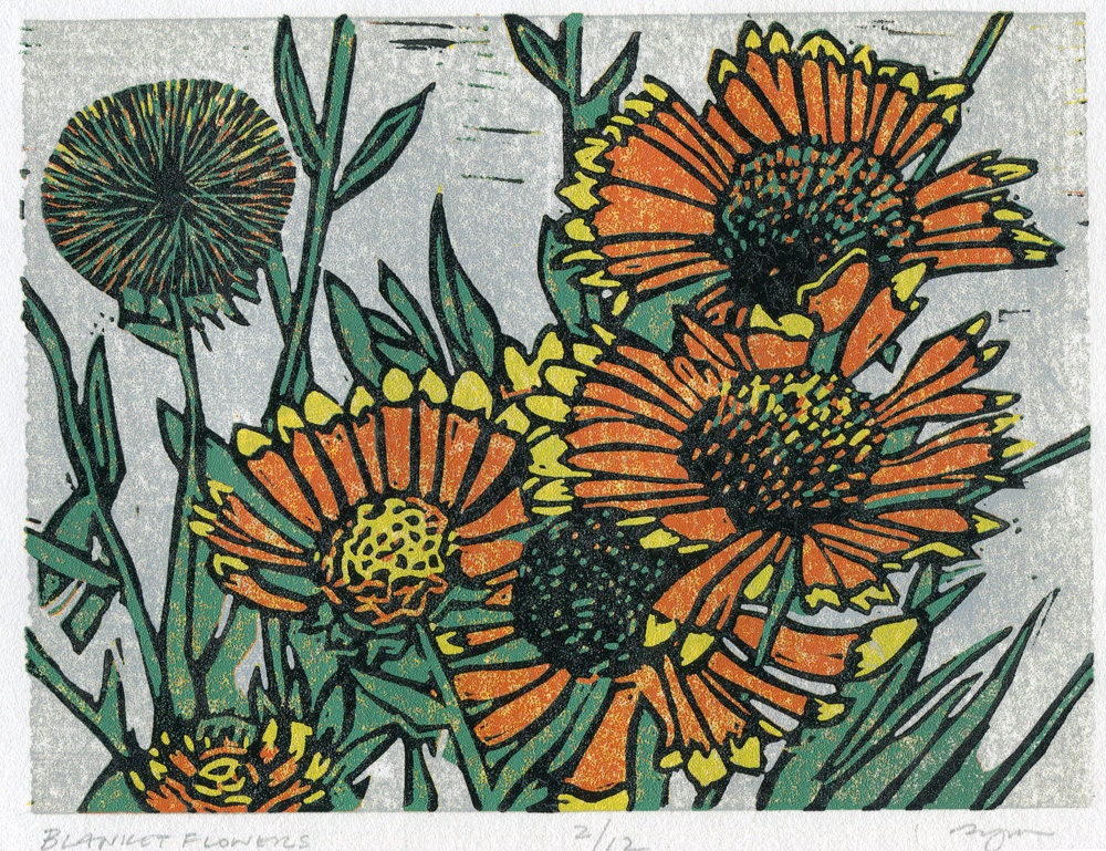 Original linocut - Blanketflowers