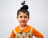 The Wren Dress - Eco Friendly Girls Feathers Dress in Orange Pink with Peter Pan Collar (READY TO SHIP 5T Made To Order 2T 3T 4T)