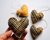 Brown Plaid Heart Felts - Pocket Wool Love Ornaments SET of 4 - Eco Friendly Upcycled Home Decor