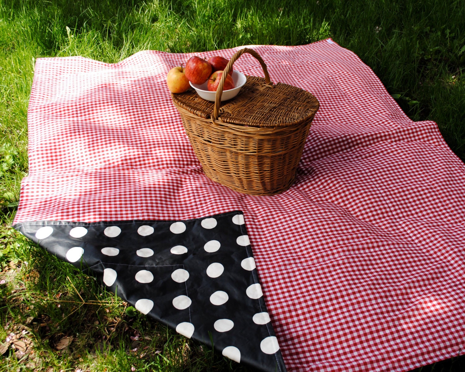 WATERPROOF Picnic Blanket in Red White Gingham / Eco Friendly Retro Summer Beach Blanket with Black Polka Dots Non Toxic Backing