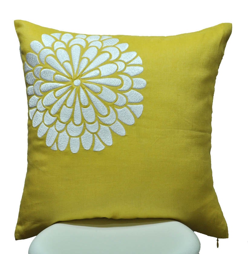 Yellow Flock Pillow Cover, Throw Pillow Cover 18 x 18, Yellow Citrine Linen with White Flock Flower embroidery, yellow cushion