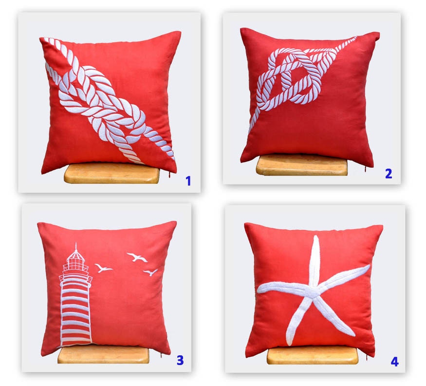 Orange Sailing Pillow Covers, 18 x 18 Throw Pillow Cover - Set of 2,Orange Pillow White Nautical Embroidery, CHOOSE THE DESIGN