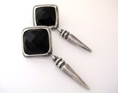 Cushion Cut Black Onyx Earrings with Silver Cone Dangles - Silver and Black Post Earrings - Square Black Earrings