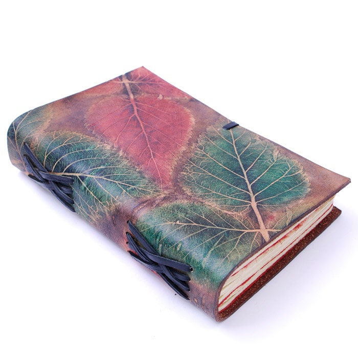 Autumn Leaves Texture Unique Leather Journal: red, green