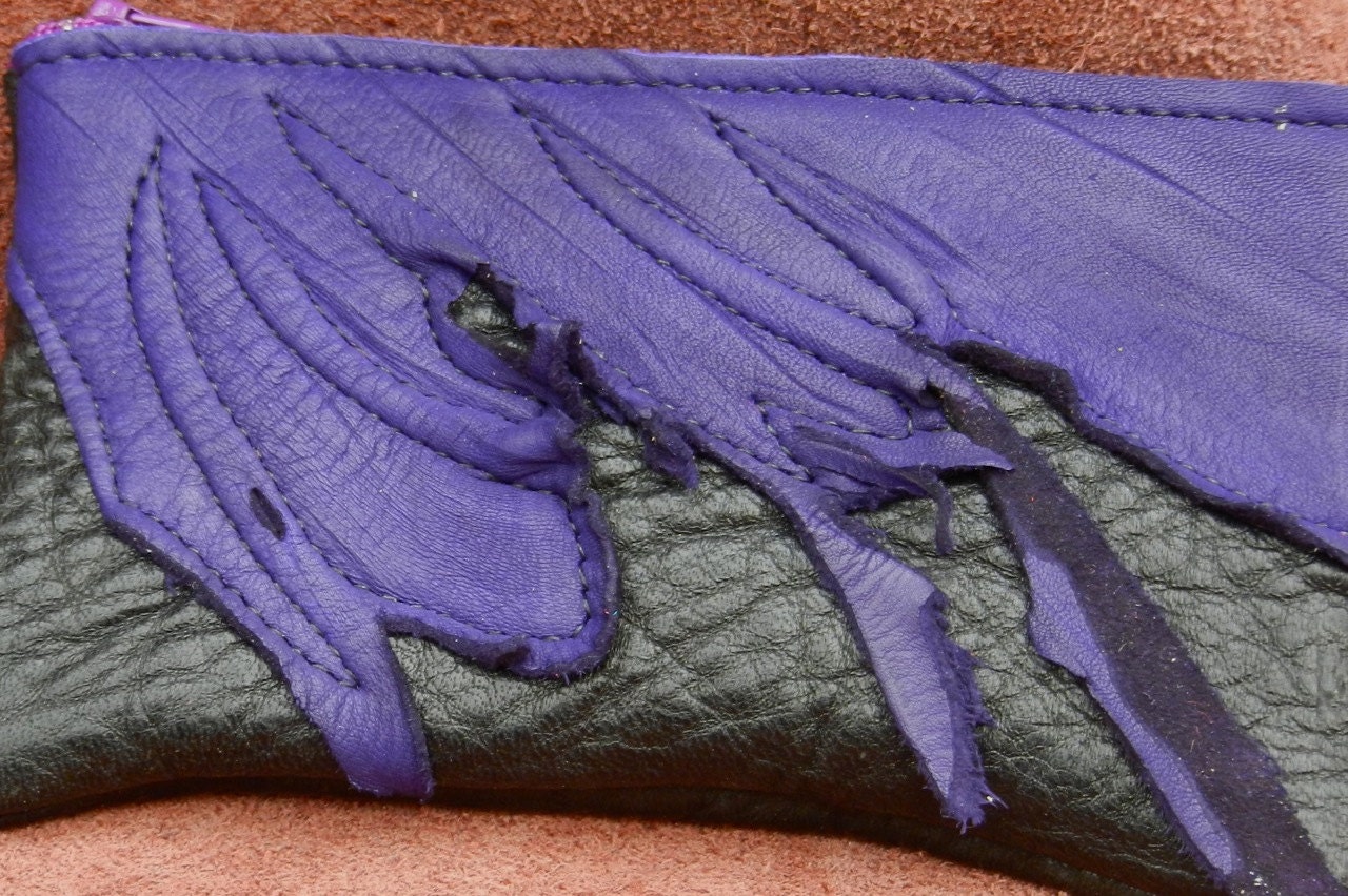 Leather Zipper Wallet / Coin Change Purse, purple deerskin, Black Buffalo Hide & Raggedy Deer Skin With a Zipper 3.5" x 6"