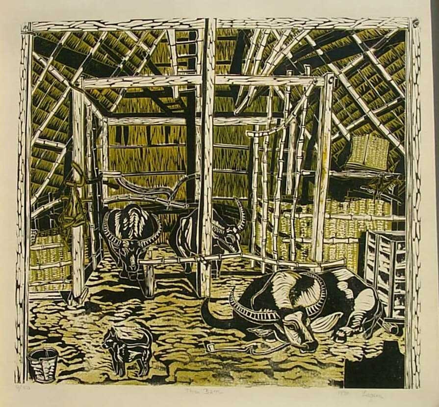 Thai Barn,  Black white and color linoleum print. Signed in pencil by the artist