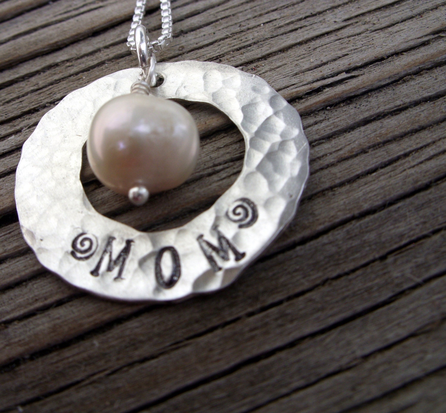 Sterling silver charm pendant- hand stamped with Mom- 7/8 inch sterling silver washer stamped with Mom with pearl drop