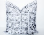 Custom Hand-Blocked Black Greek Key Print on White Cotton 22" Pillow Cover