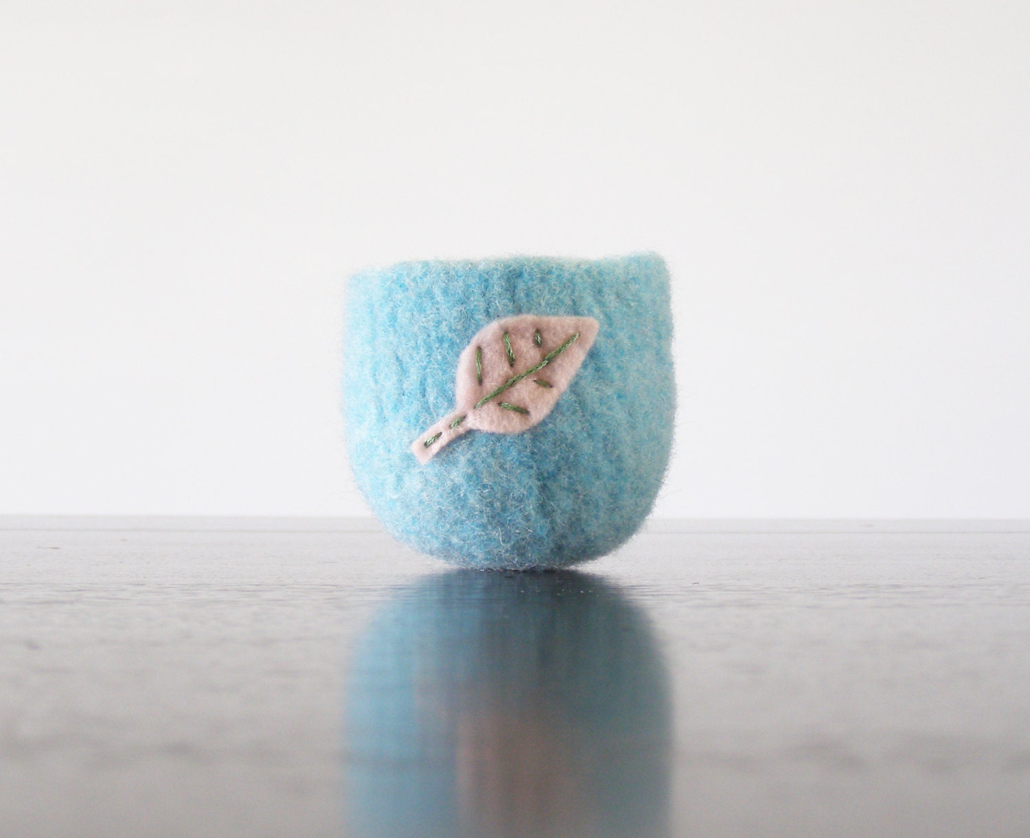 felt bowl -  aquamarine blue wool bowl with pale pink leaf -  spring decoration, Mother's day gift, gifts for gardeners, nature inspired
