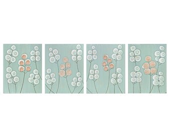 Extra Large Painting - Flower Wall Art on a Four Piece Canvas - Blue and Brown Home Decor - IN STOCK