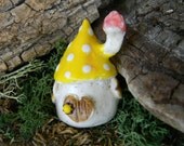 Mushroom Fairy House Miniature Clay Ceramic Pottery Glazed Yellow  Home  terrarium....