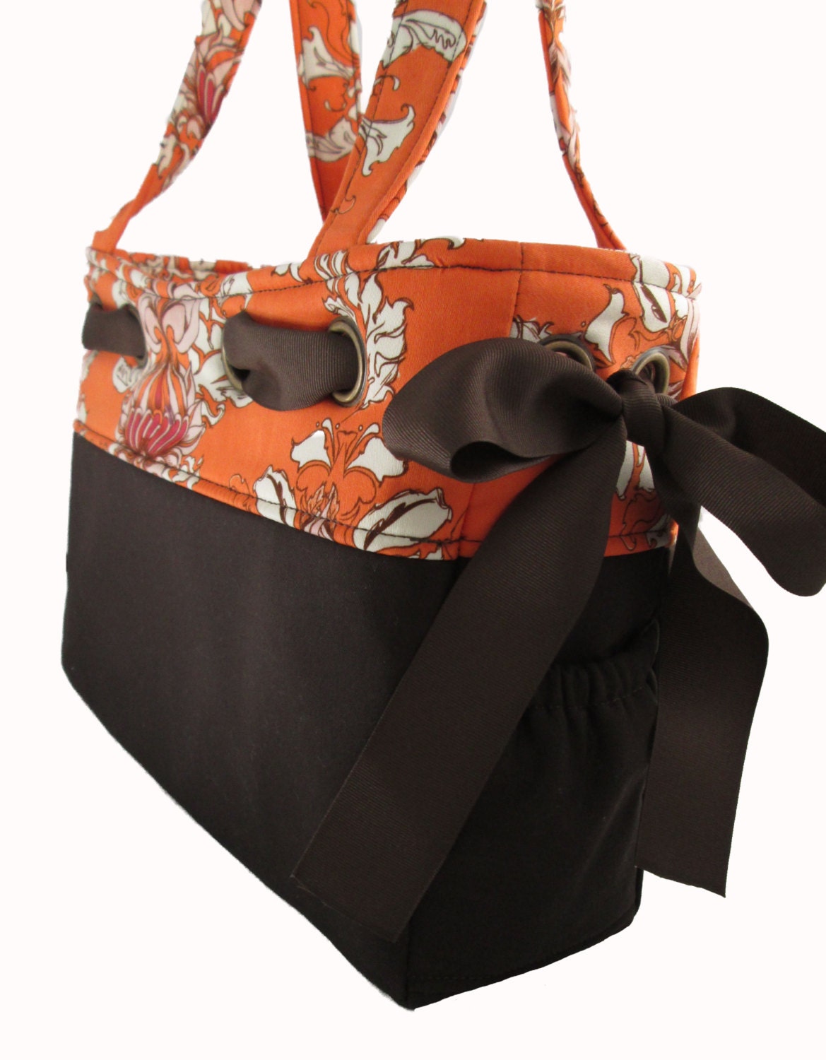 Large shoulder handbag - handmade handbag in dark brown and vintage orange print with ribbon detail