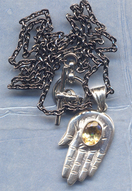 Sterling Silver Fatima Hand Pendant from Nepal, Hamsa Hand, with Citrine on Gun Metal Chain, Handmade Nepal Jewelry by AnnaArt72
