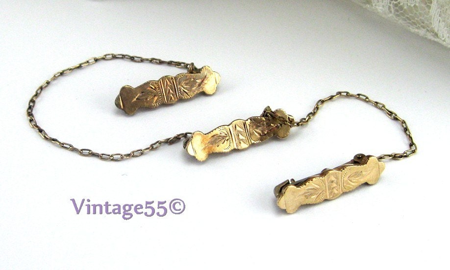Antique Baby Bar Pins with Chain Gold plate 1900s