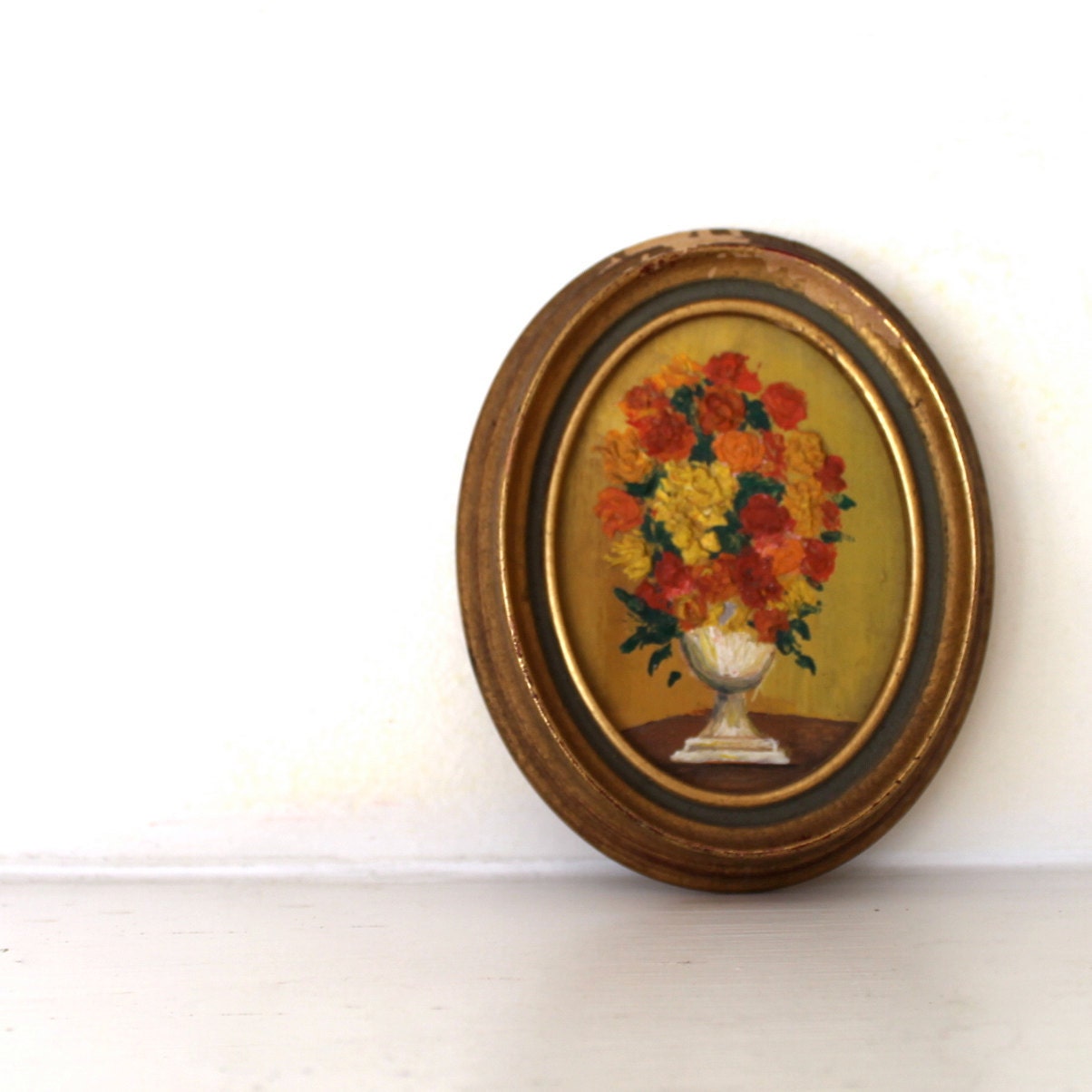 shabby original  little oil painting oval frame floral, flowers in an urn 1940s