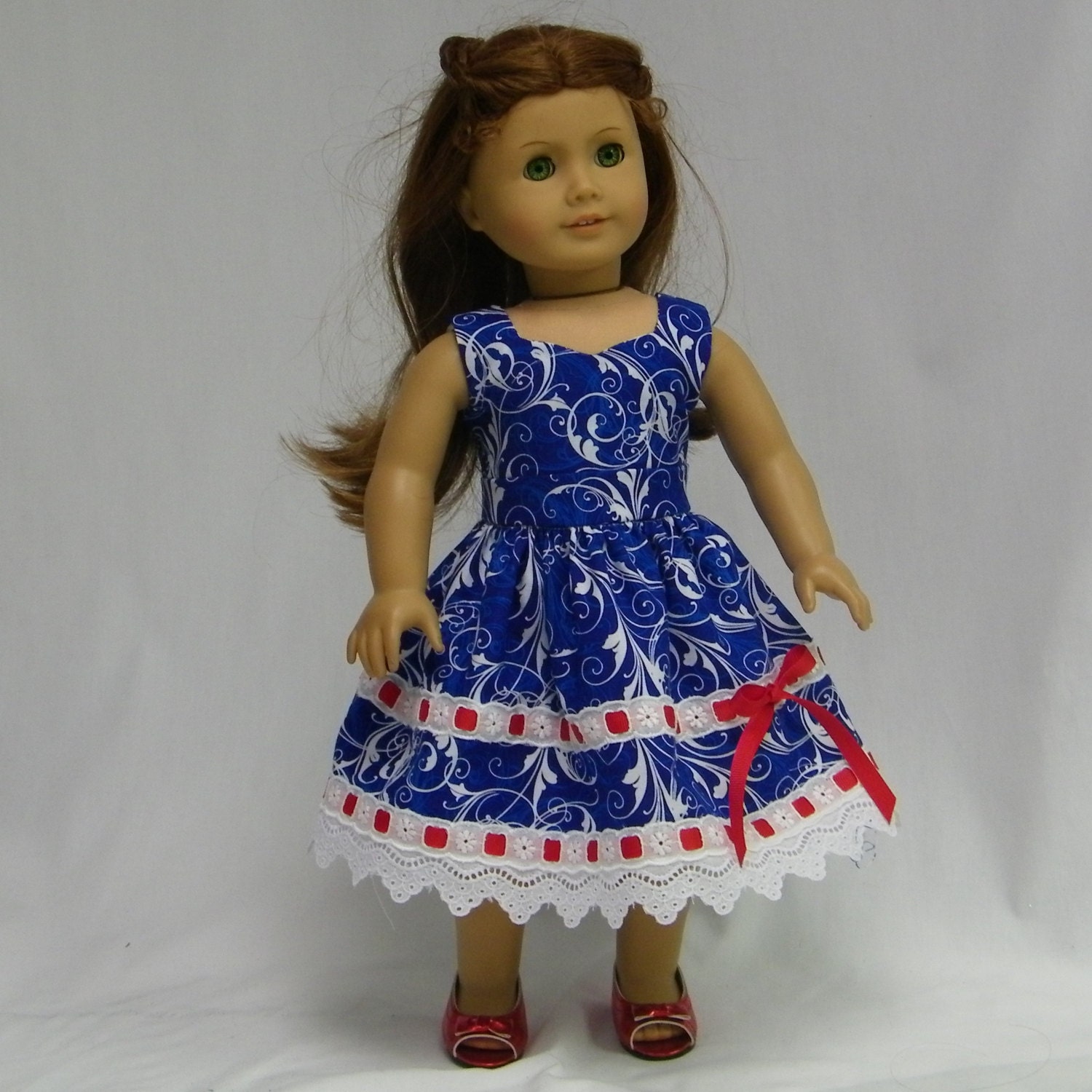 Spring Dress in Blue and white with red and white trim