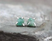 Uncut Raw Rough Emerald Earrings - Sterling Silver Stud Style - Rustic Square Shape - Raw Green Gemstone - May Birthstone