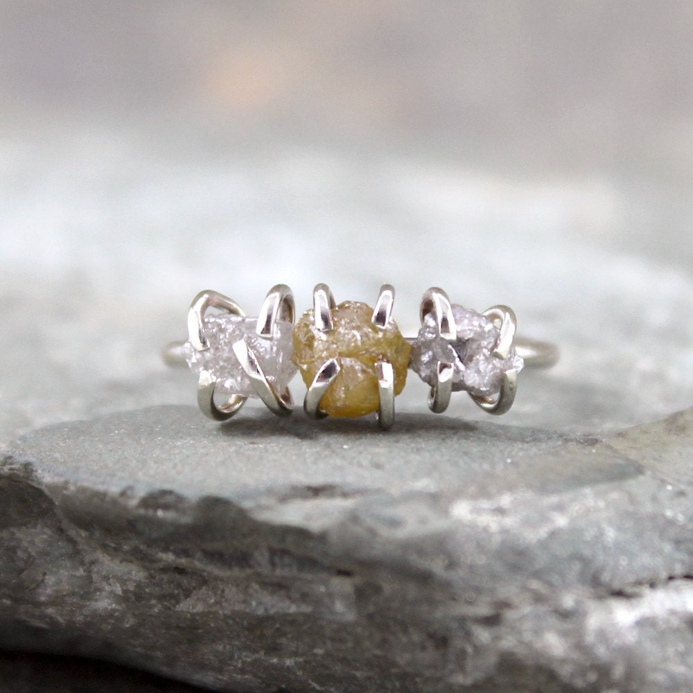 Three Stone Rough Diamond  and 14K White Gold Ring  - Trio Engagement Ring - Anniversary Ring - April Birthstone