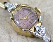 Vintage Ladies Bulova Excellency Watch - Circa 1958 - Gold Tone Case - Salmon Colored Dial - Mid Century - Diamond Accent - Wind Up Watch