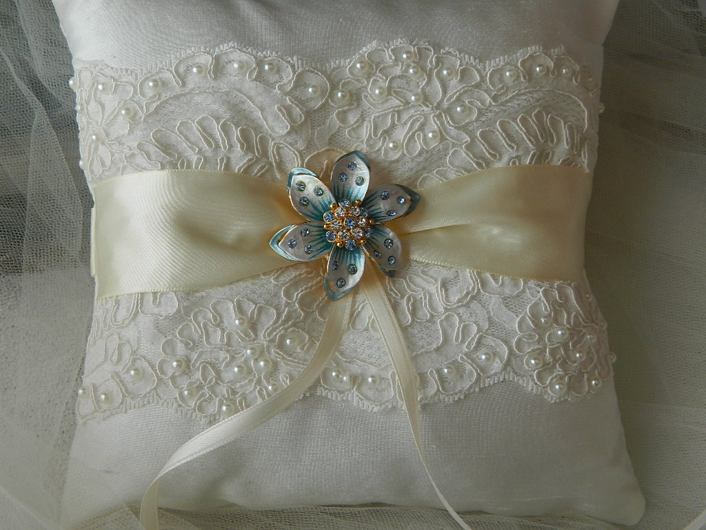 Wedding Ring Bearer Pillow Ivory Duppioni Silk With Alecon Lace And Brooch Ringbearer Pillow