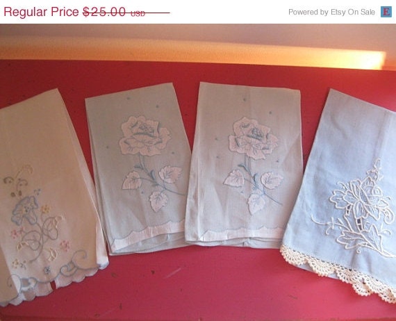 50% OFF storewide sale vintage LINEN napkins 1950s embroidered hand towel LOT fingertip Blue white pink stunning